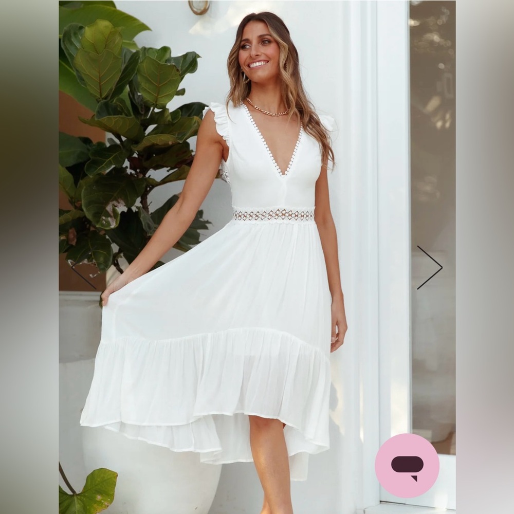 White linen dress with beautiful lace detail in front and open back!